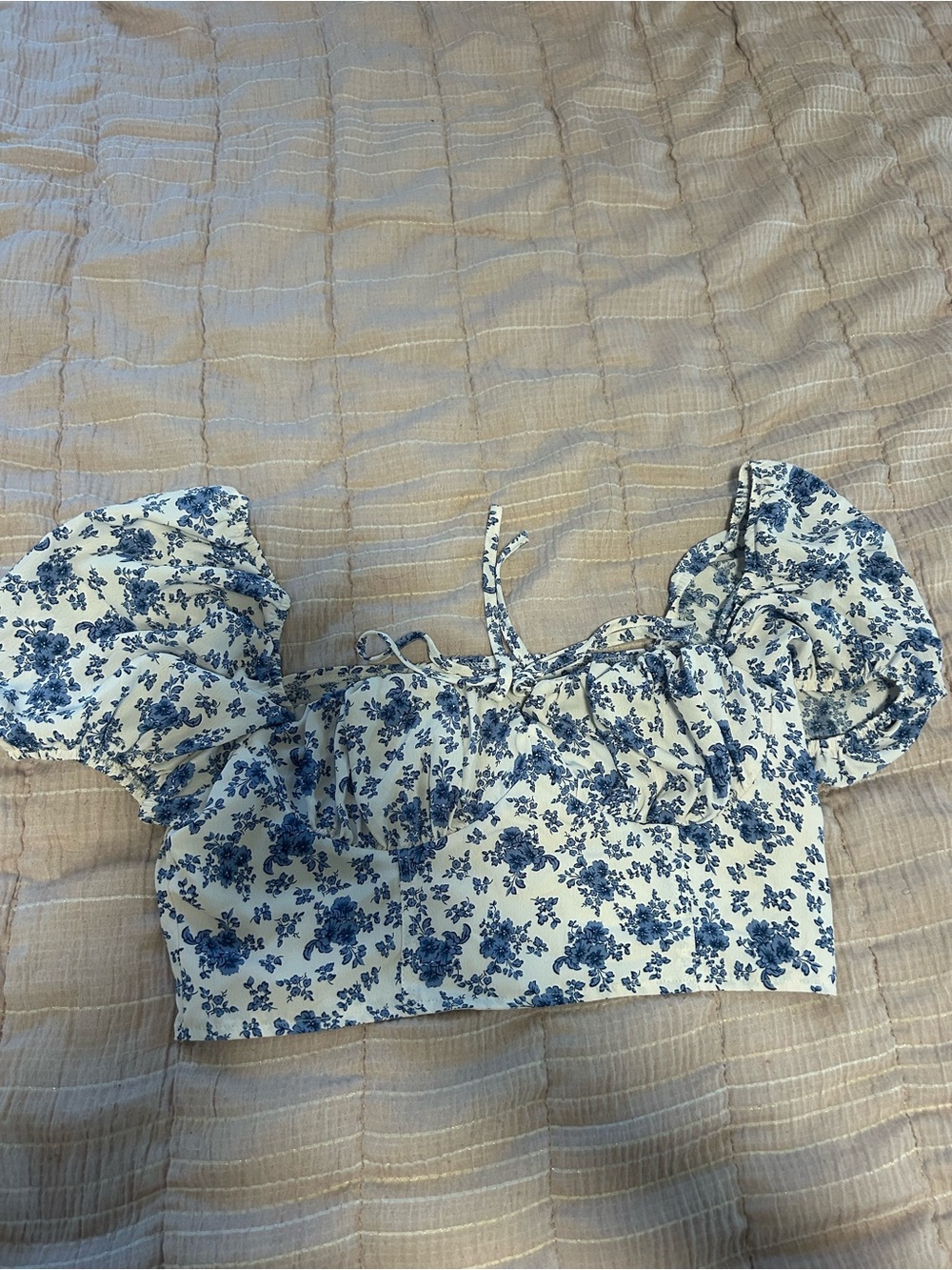 Floral Puff-Sleeve Crop Top - Blue/White